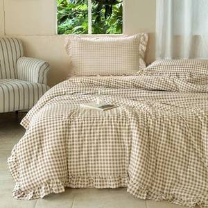 lot 271441 image: NSNLGSGC Tan Ruffled Gingham King Comforter Set  Pre-Washed Ruffled Plaid Bedding Set, Soft Breathable and Cottage
