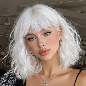 lot 271444 image: White Short Wavy Bob Synthetic Wig with Bangs for Women  14 Inch Soft Synthetic Colorful Wavy Bob Wig, Suitable for Women, Perfect for Daily Wear, Halloween Cosplay, Party Costume
