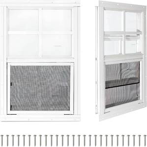 lot 271448 image: 2 Pack Shed Windows, Chicken Coop Windows, 14 x 21 White  Flush Mount Sliding Small Windows with Tempered Glass and Fiberglass Screen for Shed, Chicken Coop, Playhouse, Garage, Barns