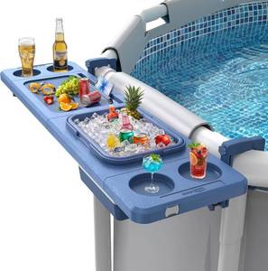 lot 271449 image: Retails for $110 Poolside Bar with Ice Bucket,Poolside Bar Table Fits Above-Ground Pools  Swim Up Bars Up to 110lbs, Patio Poolside Table with Adjustable Support Bracket Smart Fold  Weather Resistant Stable Tabletop
