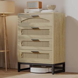lot 371368 image: Retails for $123 4 Drawer Rattan Dresser for Bedroom, Wood Tall Dresser for Closet with Metal Handles, Boho Nightstand Sets, Dressers & Chests of Drawers for Bedroom, Hallway and Entryway, Oak