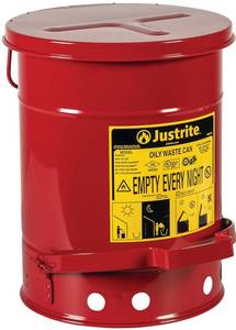 lot 371369 image: Justrite 6 Gallon Galvanized Steel Oily Waste Can  16 x 12 Metal Oil Rag Safety Can With Foot Operated Self-Closing Lid for Oil Rag Disposal, Made in the USA, Red, 09100