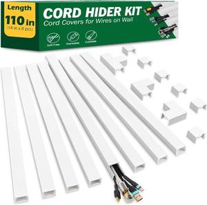 lot 371379 image: Cord Hider Kit, 110in Cord Covers for Wires on Wall, Paintable Wire Covers for Cords on Wall, Self-Adhesive Cable Hider Cord Organizer, Wire Hiders, 8X L14in X W0.96in x H0.57in