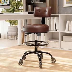lot 371390 image: Retails for $108 Office Drafting Chair with Footrest, Tall Height Adjustable Stool with Back Support, Heavy Duty Rolling Stool Chair with Wheels for Office Home Kitchen Bar Shop Guitar Studio Vanity, Brown