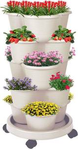 lot 371396 image: 5-Tier Vertical Garden Tower Stackable Planter for Strawberries, Flowers, Vegetables & Herbs Beige