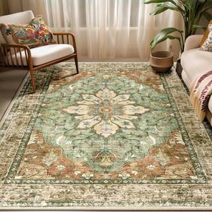 lot 371398 image: RELEANY Washable Runner Rug, BrickBrownGreen  Non-Slip, Water Repellent, Pet Friendly, Easy to Clean, Vintage Floral Boho Decor for Living Room Bedroom Dining Room Office.