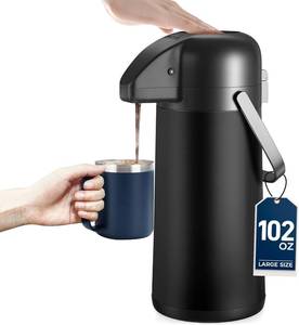 lot 371406 image: Coffee Carafe for Keeping Hot, 102OZ  3L Airpot Coffee Dispenser with Pump  Large Thermal Coffee Urn for Hot Drinks Tea Liquid, Insulated Stainless Steel Hot Water Beverage Dispenser for Parties, Black