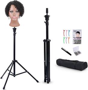 lot 371413 image: Klvied Wig Stand Tripod, Adjustable 34.64-51.48in, 0.8in Top Base  Includes carrying bag, T-pins, wig caps, comb and hair clips. Black. Mannequin head not included.