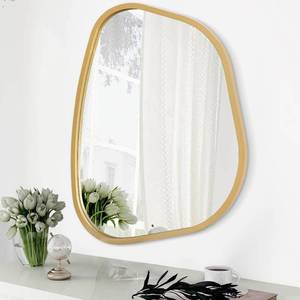 lot 471537 image: Gold Asymmetrical Mirror Large 20x16 Irregular Oval Wall Mirror Modern Wood Frame Unique Shape Wall Mounted Vanity Artistic Mirror Decorative for Living Room Bedroom Bathroom Entryway