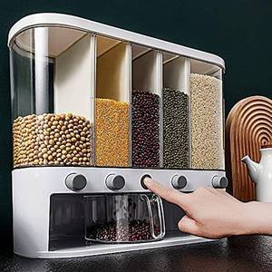 lot 471557 image: Dry Food Dispenser,Wall mounted 5 Grid Cereal Dispenser,Rice dispenser 25 pounds Kitchen Storage with Measuring Cup