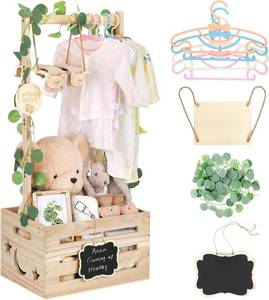 lot 471566 image: Wooden Baby Shower Crate Closet with Adjustable Handle & Garland, Large Personalized Baby Shower Basket Clothes Hangers Rack Storage Box, Pregnancy Gifts for New Parents Newborn Boy Girl