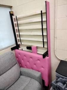 lot 63089 image: pink upholstered twin bed frame