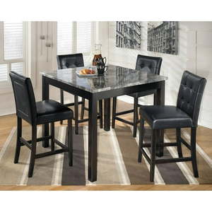 Dining Table Set Black for 4: Contemporary Square Faux Marble Top, Upholstered Vinyl Seats, Counter Height, 5-Piece Set