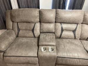lot 63099 image: Acropolis Taupe Couch with Cup Holder and Storage Arm