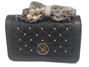 lot 63228 image: Badgley Mischka Quilted Faux Leather & Faux Pearl Crossbody Bag Black