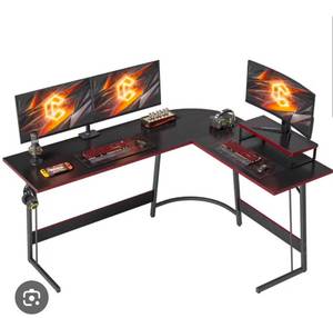 lot 16930 image: CubiCubi 47x47 inch L Shaped Gaming Desk Computer Office Desk, Corner Desk with Large Monitor Stand for Home Office Study Writing Workstation, Black Carbon Fiber - Retail $60