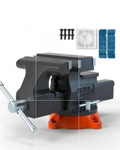 lot 16932 image: VEVOR Bench Vise, 6.5 Jaw Width 6.5 Forward &9.3 Reverse Opening, 360-Degree Swivel Locking Base Multipurpose Workbench with Anvil, Heavy Duty Ductile Iron with Bolts & Nuts, for Drilling, Pipe Cut - Retail $89