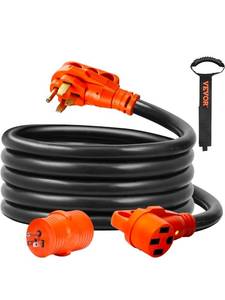 lot 17902 image: VEVOR 15 ft Extension 50 Amp, Heavy Duty STW Power Cord 14-50R Female NEMA 14-50P Male Plug, with LED Indicator Handle 15A Adapter, for RVs, trams, generators, Campers, ETL Listed, 50A - Retail $90