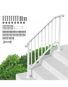 lot 17912 image: VEVOR Handrails for Outdoor Steps, 3-4 Step Stair Hand Rail Kit, Transitional Carbon Steel Railings with Installation Kit, Stair Rails for Seniors, Concrete Steps & Porch & Deck, White Retro Arch - Retail $83