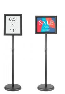 lot 17922 image: VEVOR Pedestal Sign Holder, 8.5 x 11 Inch Vertical and Horizontal Adjustable Poster Stand, Heavy-Duty Floor Standing Sign Holder with Round Base for Display, Advertisement, and Outdoor, Black - Retail $0