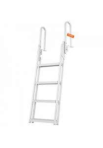 lot 17924 image: VEVOR Dock Ladder Flip Up 4 Steps, 350lbs Load Capacity, Aluminum Pontoon Boat Ladder with 4 Wide Step & Nonslip Rubber Mat,Swimm Step Ladder for ShipLakePoolMarine Boarding - Retail $124