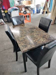 lot 60886 image: Faux Marble Top Dining Table with 4 Vinyl Dining Chairs