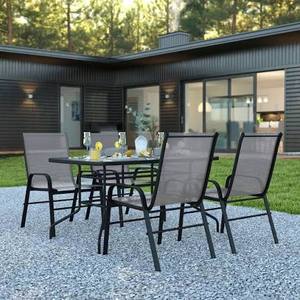 lot 60922 image: Square Outdoor Glass Top Dining Table with Umbrella Access and 4 Outdoor Chairs