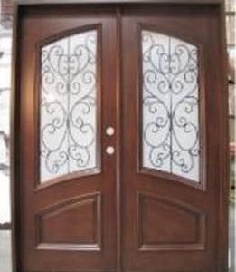 Mahogany Iron Double Door Frosted Glass Solid Wood Entry Door - Retail: $7265