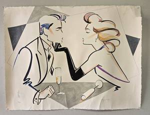 lot 684 image: Signed Limited Edition Art Deco Style Lithograph -  This art print is titled Modern Romeo & Juliet by artist Ty Wilson, featuring a couple at a table sharing a romantic moment.