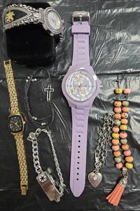 lot 736 image: Medical Alert disk bracelet, WU Shock Watch, Ed Hardy womens watch and more.  Watches need batteries