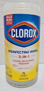 lot 790 image: Clorox Disinfecting Wipes 3-in-1 Crisp Lemon 75 Wet Wipes 1 lb 0.7 oz