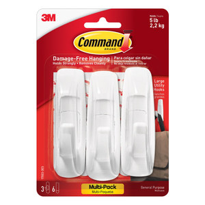 lot 842 image: Command Large Utility Hooks  White  Damage Free Decorating  3 Hooks and 6 Command Strips