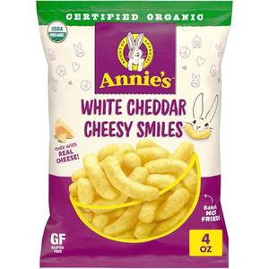 lot 6402 image: Annies White Cheddar Cheesy Smiles, Baked Corn Puffs, Gluten Free, 4 oz