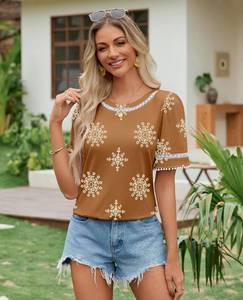 lot 6439 image: siliteelon Boho Tops for Women Floral Print Blouse Short Sleeve Eyelet Shirt - See last pic for color