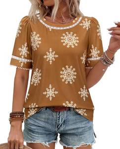 lot 6440 image: siliteelon Boho Tops for Women Floral Print Blouse Short Sleeve Eyelet Shirt - See last pic for color