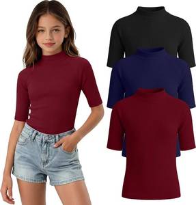 lot 6450 image: 3-Pack Girls Shirts Summer Tops Mock Turtleneck Slim Fit Ribbed Half Sleeve 12-14
