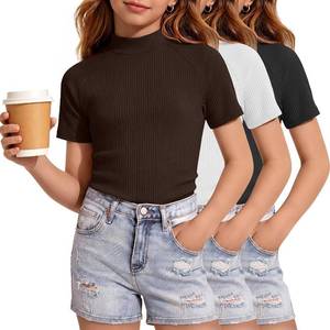 lot 6468 image: 3 Pack Girls Short Sleeve Mock Turtleneck Ribbed Knit Fitted Tops 13-14y Tees