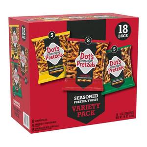 lot 6470 image: Dots Pretzels Original, Honey Mustard & Parmesan Garlic, 1 oz Bags (18)