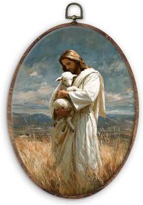 lot 6473 image: DILSJ Christian Jesus Lamb Oval Wall Art Decor, Easter Canvas 11x8.5