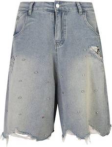 lot 6493 image: FantasyGears Frayed Hem Denim Jorts, Rhinestone, Baggy Wide-Leg Shorts
