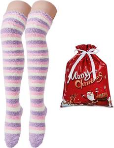 lot 6498 image: Zando Christmas Fuzzy Striped Thigh High Socks for Women Over-the-Knee