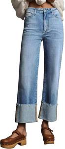lot 6499 image: Lesore Womens High Waist Wash Denim Wide Leg Jeans with Cuffed Hem - 14