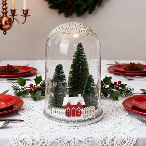 lot 6563 image: Christmas Table Centerpieces, Trees & Red House in Dome Cloche, Winter Decor
