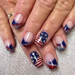 lot 6604 image: 2 Packs 4th of July Press-On Nails, Short Square French Tip, American Flag Glitt