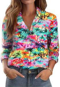 lot 6612 image: Women Hawaiian Shirt Tropic Print Casual Floral Button-Down Blouse-M