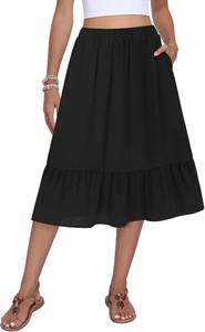 lot 6705 image: Womens High-Waist Tiered Midi Skirt, A-Line, Flowy, Casual, Pockets - L
