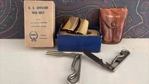 lot 118 image: U.S. Officers Web Belt with 24K Gold Plated Brass Buckle, Chow Kit Sheath with Folding Utensils