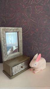 lot 127 image: Decorative Mirror with Drawer and Ornamental Frame with Hardware to Hang on Wall and Bunny Figurine