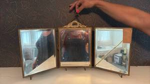 lot 141 image: Triptych Mirror with Carved Wood Panels and Decorative Etchings