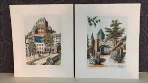 lot 147 image: Two Architectural Prints Pen and Ink Style of Quebec Tourist Attractions on 8 by 10 Cardstock